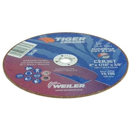 Weiler Type 1, 4 in Dia, 1/16 in Thick, Ceramic, 36 Grit 58348